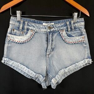 Sea Gypsies Womens Boho‎ Beaded Pockets Frayed Hem Denim Shorts S Blue Festival